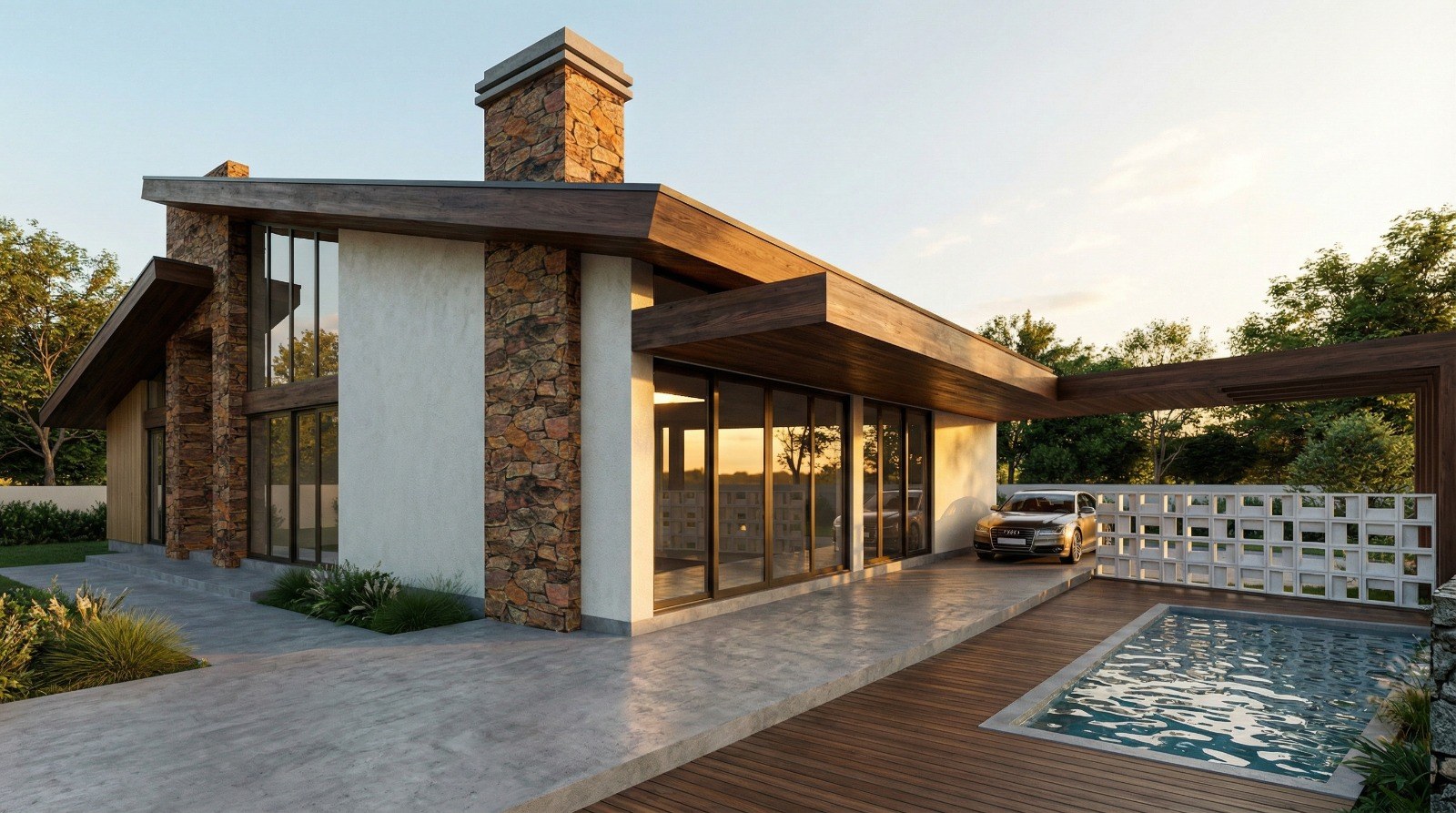 Fachada da Top House com pedra natural, madeira, vidro e piscina